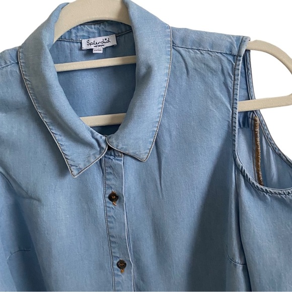 Splendid cold shoulders button down shirt blue chambray denim frayed edges M - Picture 14 of 14